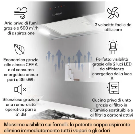 Klarstein Kronleuchter L Cappa A Isola 60cm Scarico: 590m³/h LED Touch Nero 4 Klarstein Kronleuchter L Cappa A Isola 60cm Scarico: 590m³/h LED Touch Nero - immagine 2