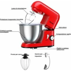 Robot Da Cucina 4 L 1300 W, 6 Velocita E Testina Inclinabile, Planetaria Elettrica Con Ciotola In Acciaio Inox, Gancio Miscelazione, Frusta E Frullino, Paraspruzzi (Rosso) -Elettrodomestici Negozio 24107116 4