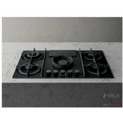 Elica NIKOLATESLA FLAME BL/A/83 Piano Cottura Aspirante A Gas Con Cappa Integrata 4 Fuochi + 1 Ausiliario Vetro Nero + Ghisa PRF0147740