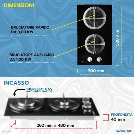 PremierTech PC2G30V Piano Cottura A Gas 2 Fuochi 30cm Vetro 6 PremierTech PC2G30V Piano Cottura A Gas 2 Fuochi 30cm Vetro - immagine 4