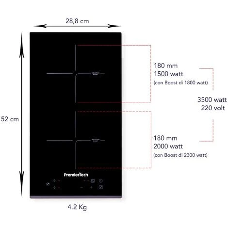 PT-PC2I PremierTech Piano Cottura Induzione 30cm 2 Fuochi Da Incasso Funzione Boost Touch Control Display Led Vetro Front Edge 5 PT-PC2I PremierTech Piano Cottura Induzione 30cm 2 Fuochi Da Incasso Funzione Boost Touch Control Display Led Vetro Front Edge - immagine 3