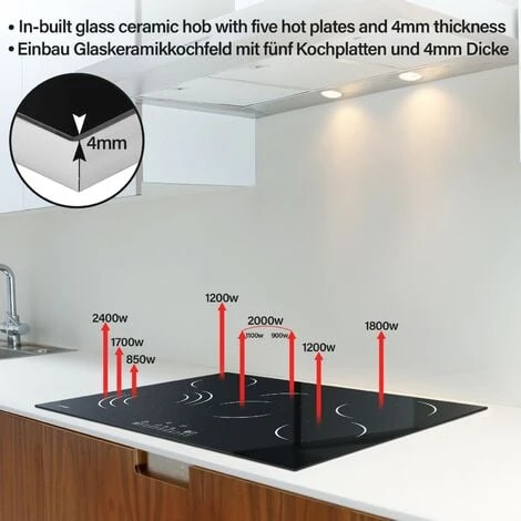 Piano Di Cottura In Vetroceramica - 5 Fuochi, 8600W, Da 77 Cm, 9 Livelli Di Potenza, Controllo Touch, Timer, Blocco Di Sicurezza 4 Piano Di Cottura In Vetroceramica - 5 Fuochi, 8600W, Da 77 Cm, 9 Livelli Di Potenza, Controllo Touch, Timer, Blocco Di Sicurezza - immagine 2
