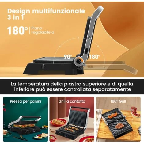 GOPLUS Bistecchiera Elettrica Per Panini, Controllo Indipendente Della Temperatura E Vassoio Rimovibile A Doppio Rivestimento, Funzione Di Timer, Apertura A 180¡ã 4 GOPLUS Bistecchiera Elettrica Per Panini, Controllo Indipendente Della Temperatura E Vassoio Rimovibile A Doppio Rivestimento, Funzione Di Timer, Apertura A 180¡ã - immagine 2