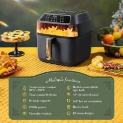 Aigostar Zane - Friggitrice Ad Aria Da 8 Litri E 1700W Con Ampia Finestra Di Visualizzazione. 12 Impostazioni Di Menu Preimpostate, Comandi Luminosi , Touch Screen LED, Con Ricettario, BPA FREE -Elettrodomestici Negozio 86973733 3