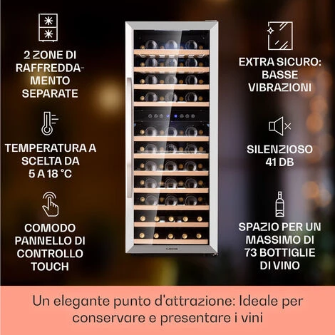 Klarstein Vinamour 73 Duo - Frigorifero Per Vini, 2 Zone, 192 L/73 Bottiglie, 5-18 °C, Touch 4 Klarstein Vinamour 73 Duo - Frigorifero Per Vini, 2 Zone, 192 L/73 Bottiglie, 5-18 °C, Touch - immagine 2