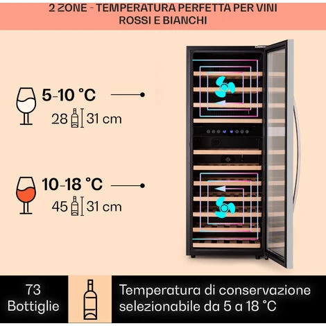 Klarstein Vinamour 73 Duo - Frigorifero Per Vini, 2 Zone, 192 L/73 Bottiglie, 5-18 °C, Touch 5 Klarstein Vinamour 73 Duo - Frigorifero Per Vini, 2 Zone, 192 L/73 Bottiglie, 5-18 °C, Touch - immagine 3